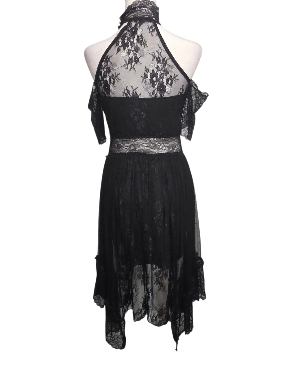 Widow by Dolls Kill Black Lace High Neck Cold Shoulder Hi Low Gothic Dress Sz M - Picture 6 of 11
